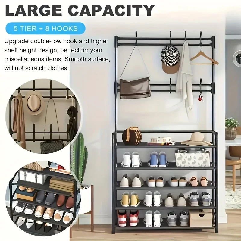 3/4/5 Layer Detachable Metal Shoe Rack with 8 Double Hooks Multiple Layers Independent Storage Space for Homes Apartments 신발걸이