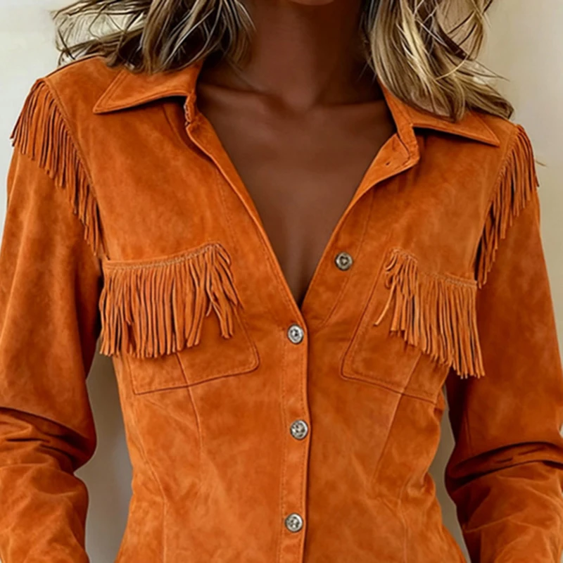 

Retro Western Single Breaster Lapel Shirt Coat Woman Fashion Solid Suede Tassel Top Cardigan Autumn Long Sleeve Jacket Outerwear