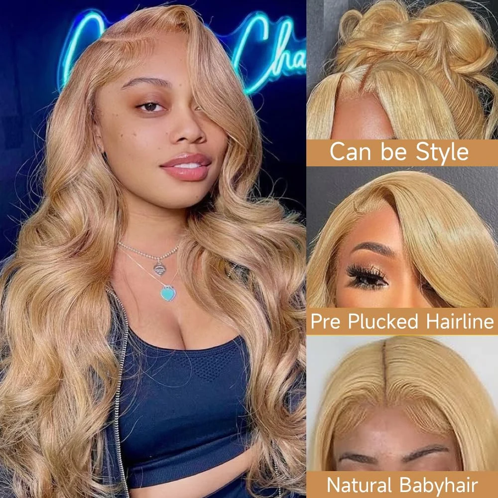 200 Density Brazilian Body Wave Colored Human Hair Lace Wigs #27 Honey Blonde 13x6 Transparent HD Lace Frontal Wig 13x4 Lace Front Human Hair Wigs Pre Plucked Hairline Baby Hair 18 20 22 24 26 28 30 32 34 36 Inch