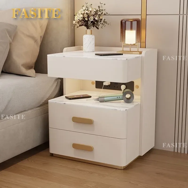 For Modern Home Luxury Smart Bedside Table with Socket Multi-functional Rock Slab Storage Nightstand High Sense Decor