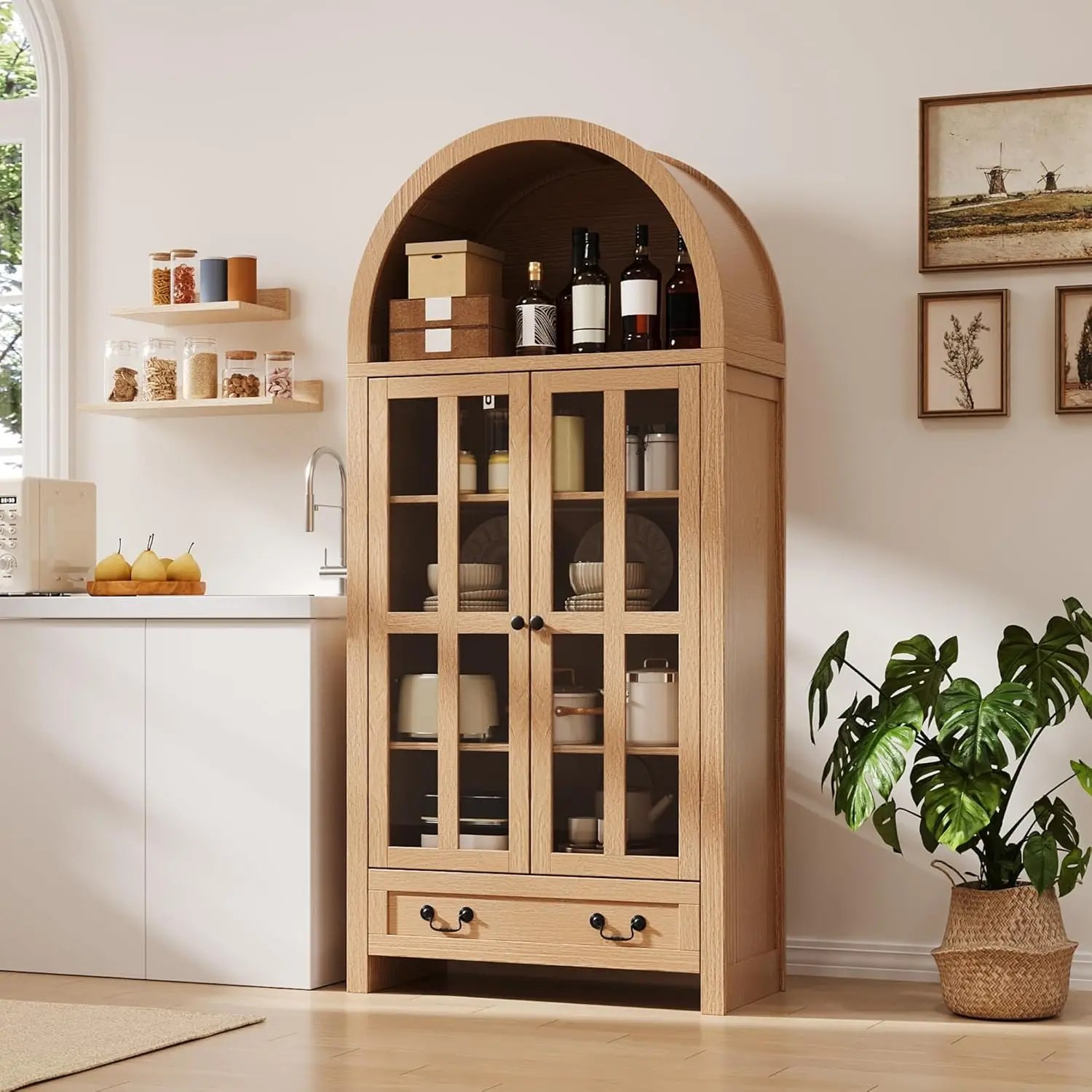 Librero Arqueado de 71 Pulgadas con Puertas, Estantes Ajustables, Cajones, Despensa, para Comedor, Sala de Estar u Oficina, Personalizable