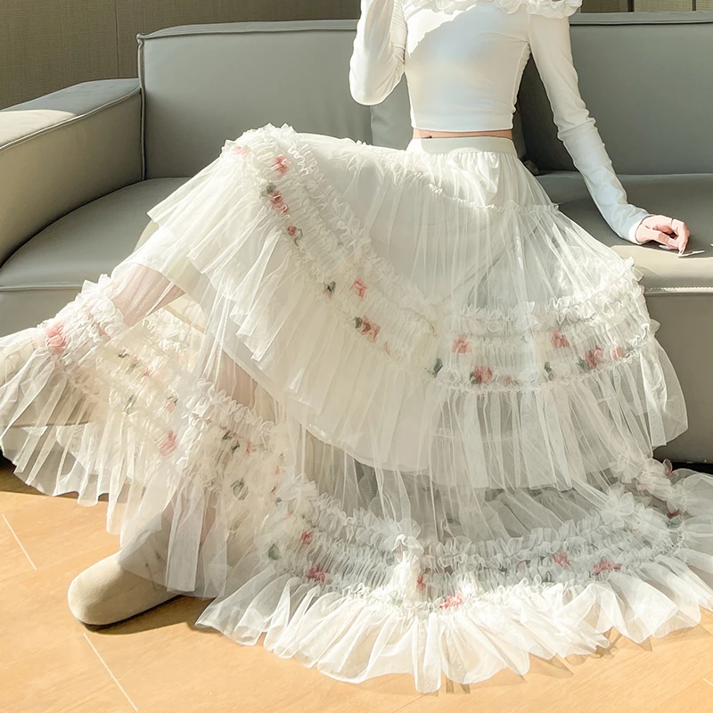 Fashion Women's A-Line Fairy Patterned Elastic Waist Ruffle Tulle Layered White Maxi Skirt Sweet Tierred Ruffles Long Skirt