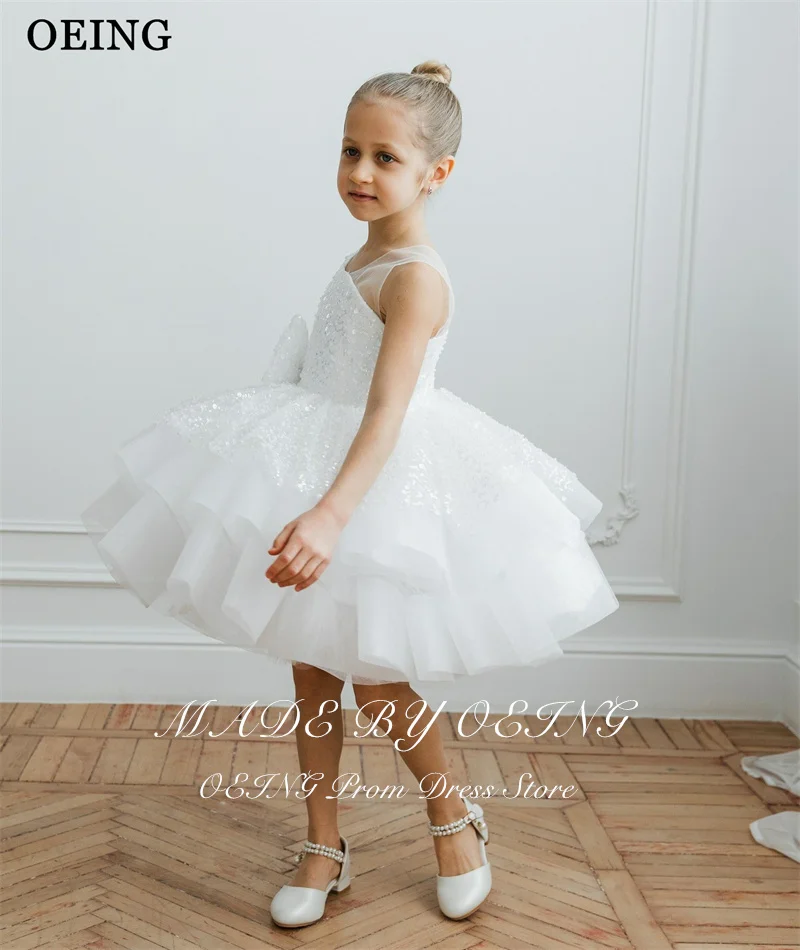 OEING Sparkly A-Line Flower Girl Dresses Ivory Sequined Tiered Midi Wedding Party Dress Princess Girl Birthday Dress Customized