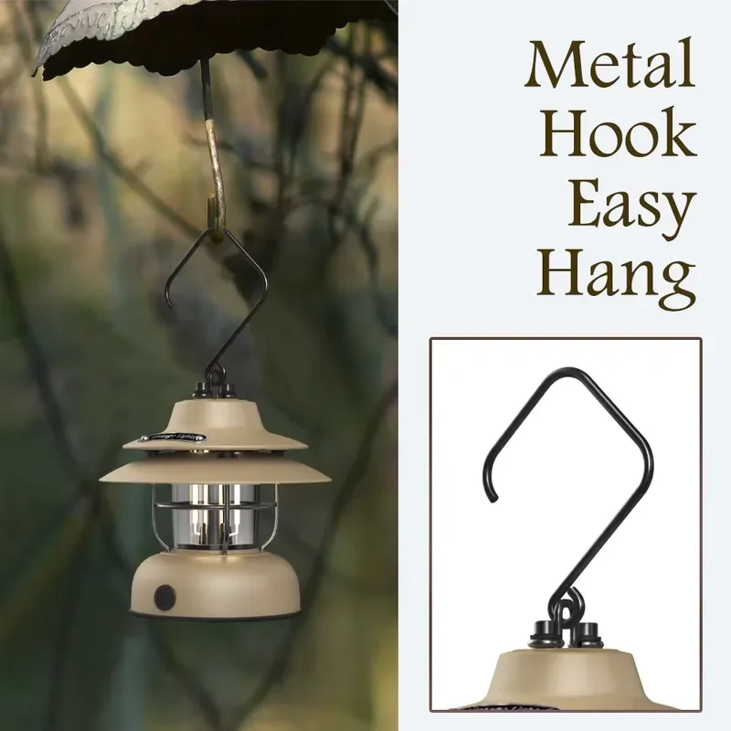 RJ Retro LED Camping Lantern Dual Power Supply (USB/AA Battery) Waterproof Dimmable Warm White Hanging Tent Light Metal ABS