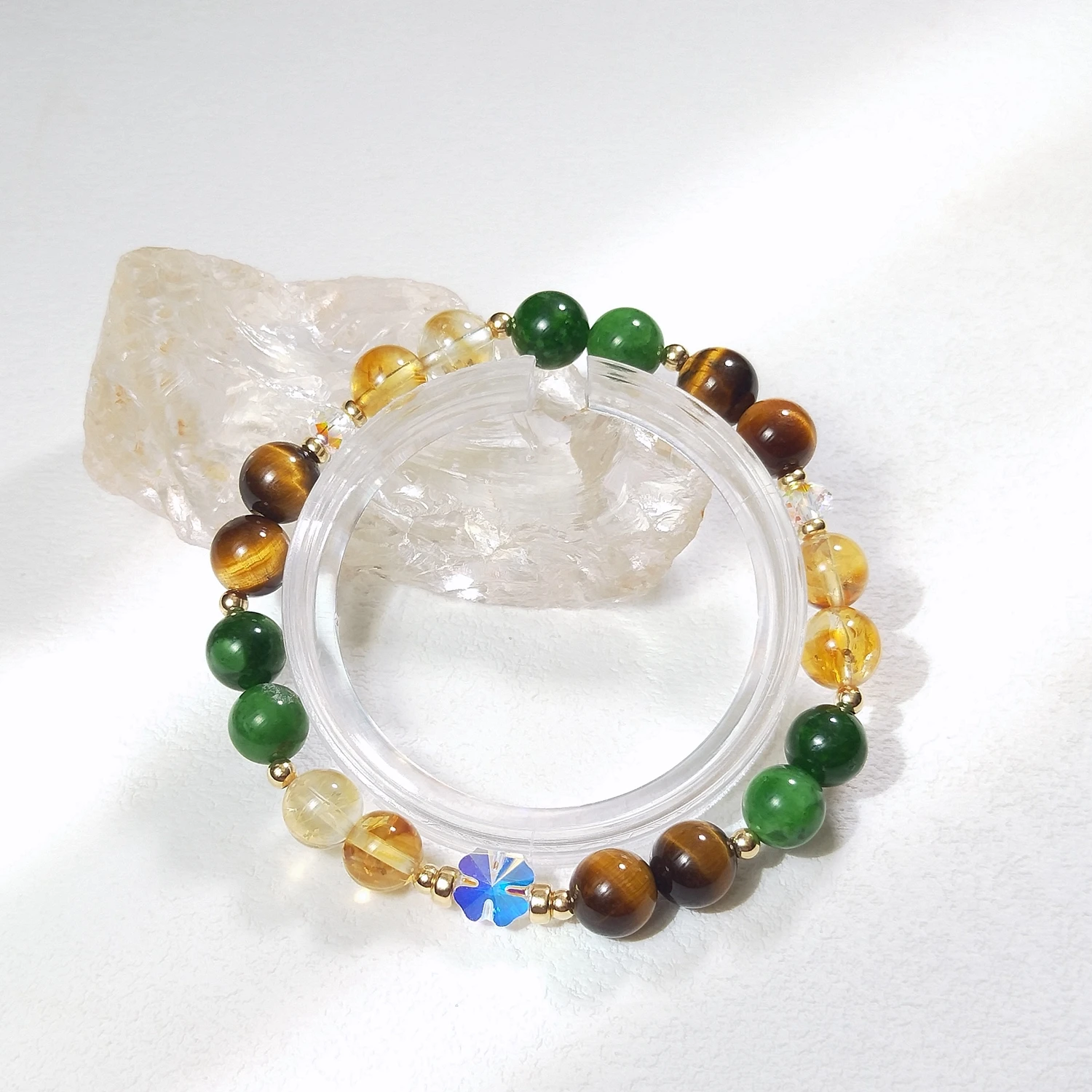 

Lii Ji Natural Stone Green Jade Tiger Eye Citrine 6/8mm With Crystal American 14K Gold Filled Elastic Bracelet