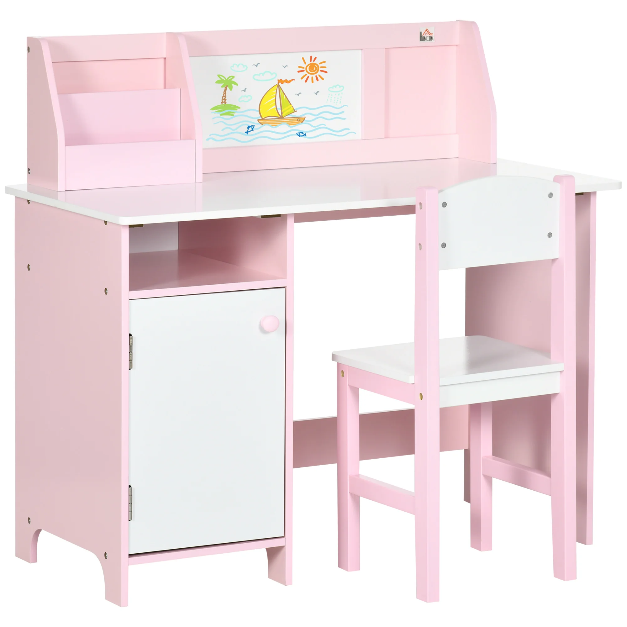 HOMCOM Children's Table and Chair Set with White Blackboard Children's Study Table + 5 Years Children's Desk Cabinet 90x45x85 cm Pink