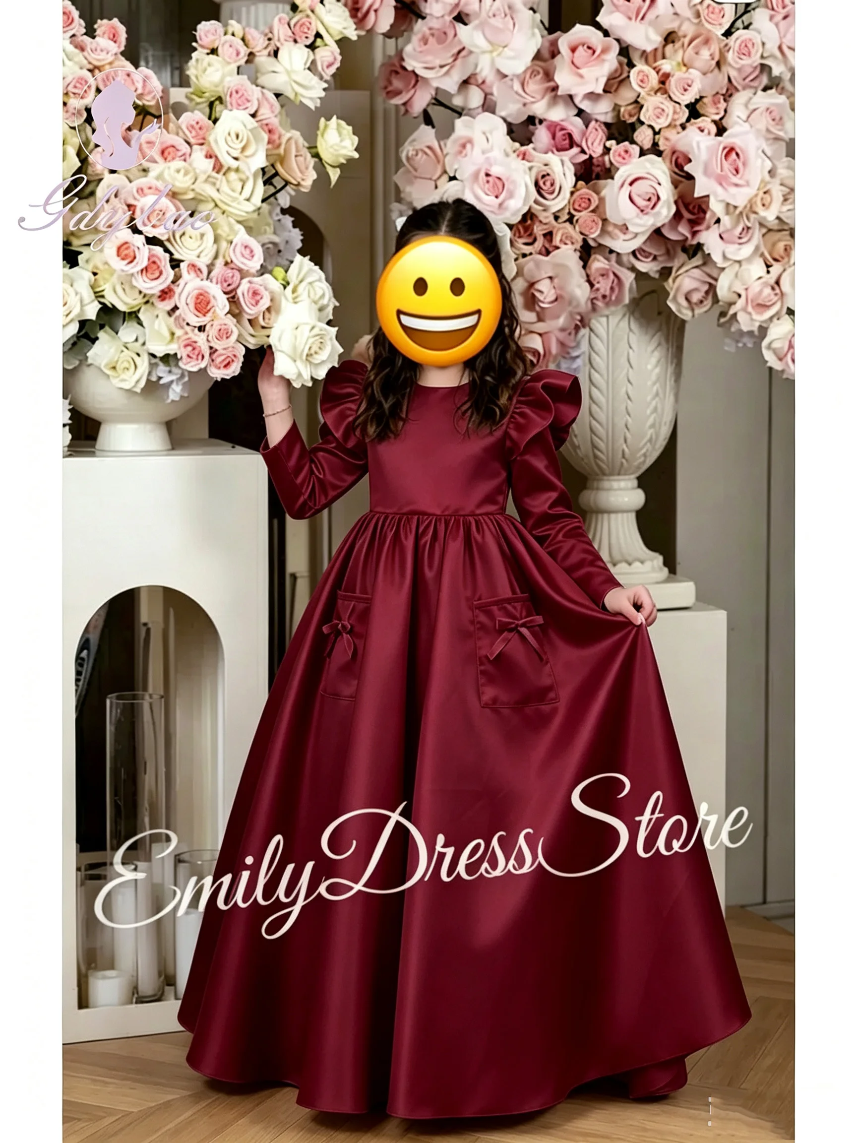 Customized Cream Ivory Flower Girl Dress For Wedding Satin O-neck High Neck Elegant Kids Birthday Party First Communion Gown