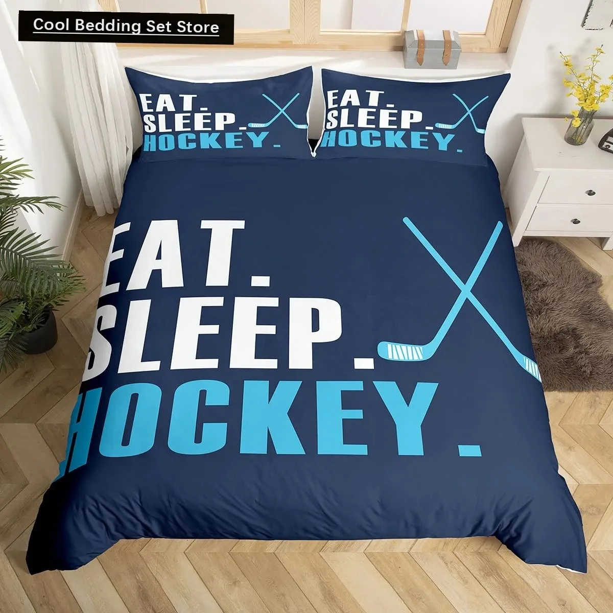 Ice Hockey Sports King Queen Duvet Cover Burning Hockey Ball Bedding Set for Teens Athlete Black 23pcs Polyester Quilt Cover