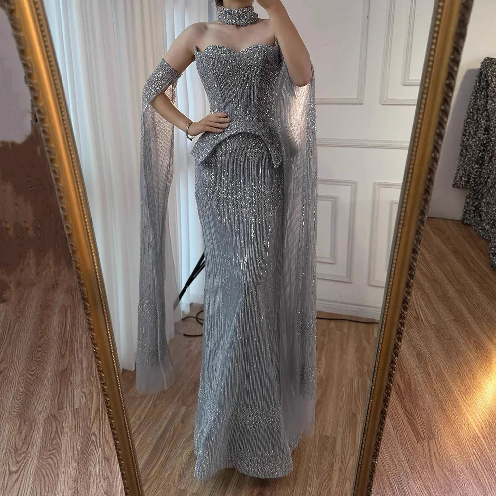 

Aunber Customized Luxury Grey Crystal Evening Prom Dresses with Cape Sleeves Elegant Off-Shoulder Wedding Party Gowns