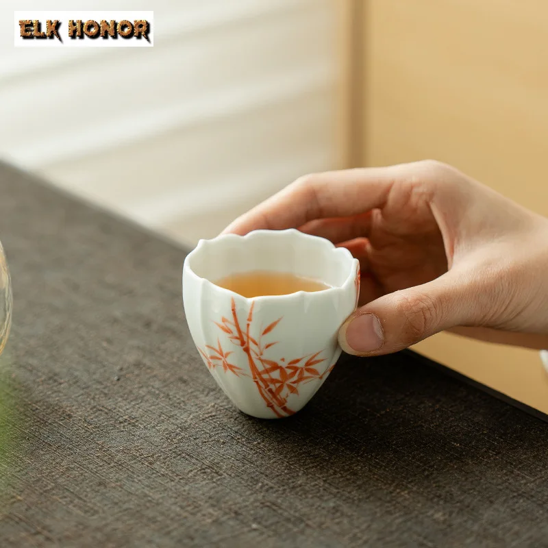 2pc/set Pure Hand-painted Red Bamboo Tea Cup Tracing Silver Personal Scented Porcelain Mug Women's Master Cup Kung Fu Tea 90ml