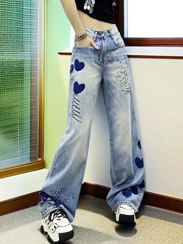 

Retro Hand-Painted High-Waisted Loose Women's Jeans 2026 Spring New Sle Wide Leg Floor-Length Pants Slimming Effect