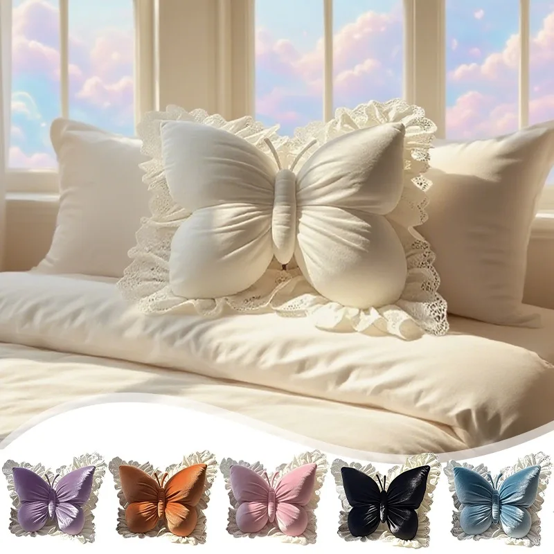 

New Handmade Butterfly Lace Cushion Ultra Soft Plush Pillow Case for Sofa Bedroom Office Chair Aesthetic Home Decor Girl Gift
