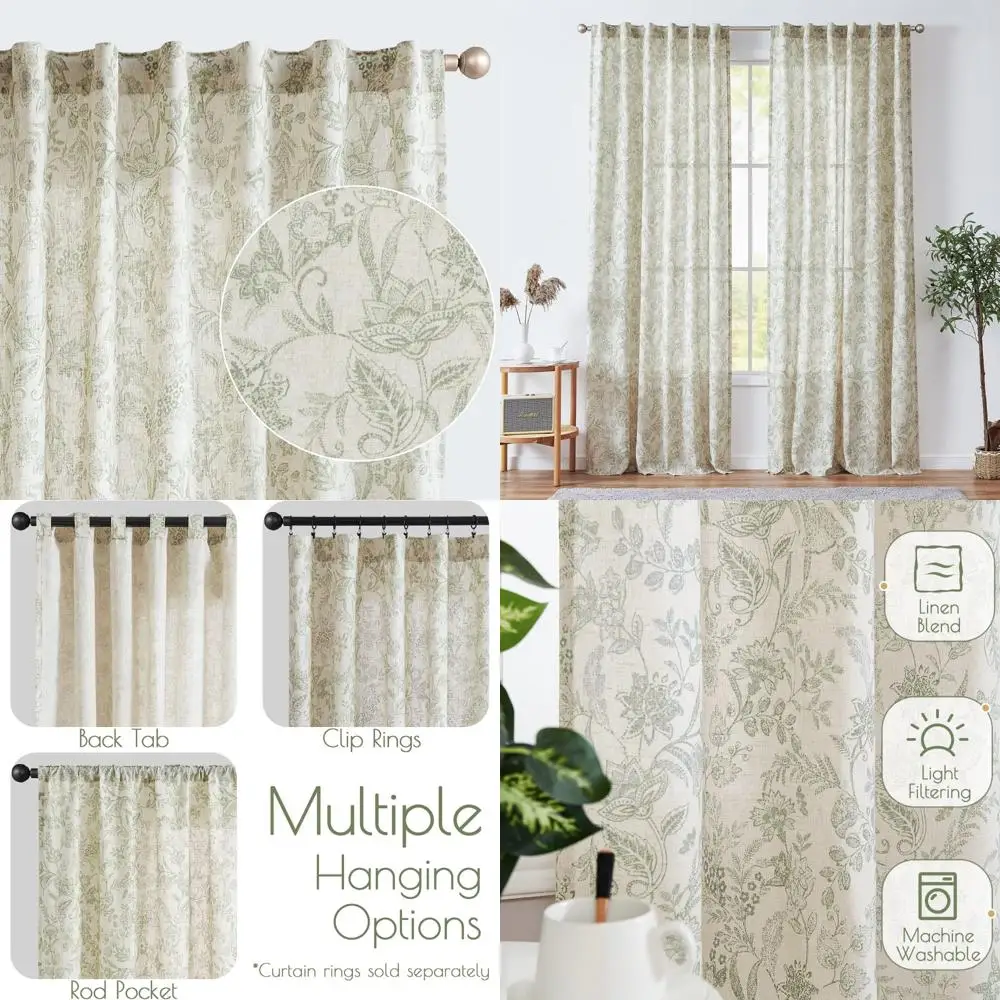 

Green Country Farmhouse Style Light Filtering Semi-Sheer Curtains for Living Room, 84 Inch Length, Floral Linen Blend Material