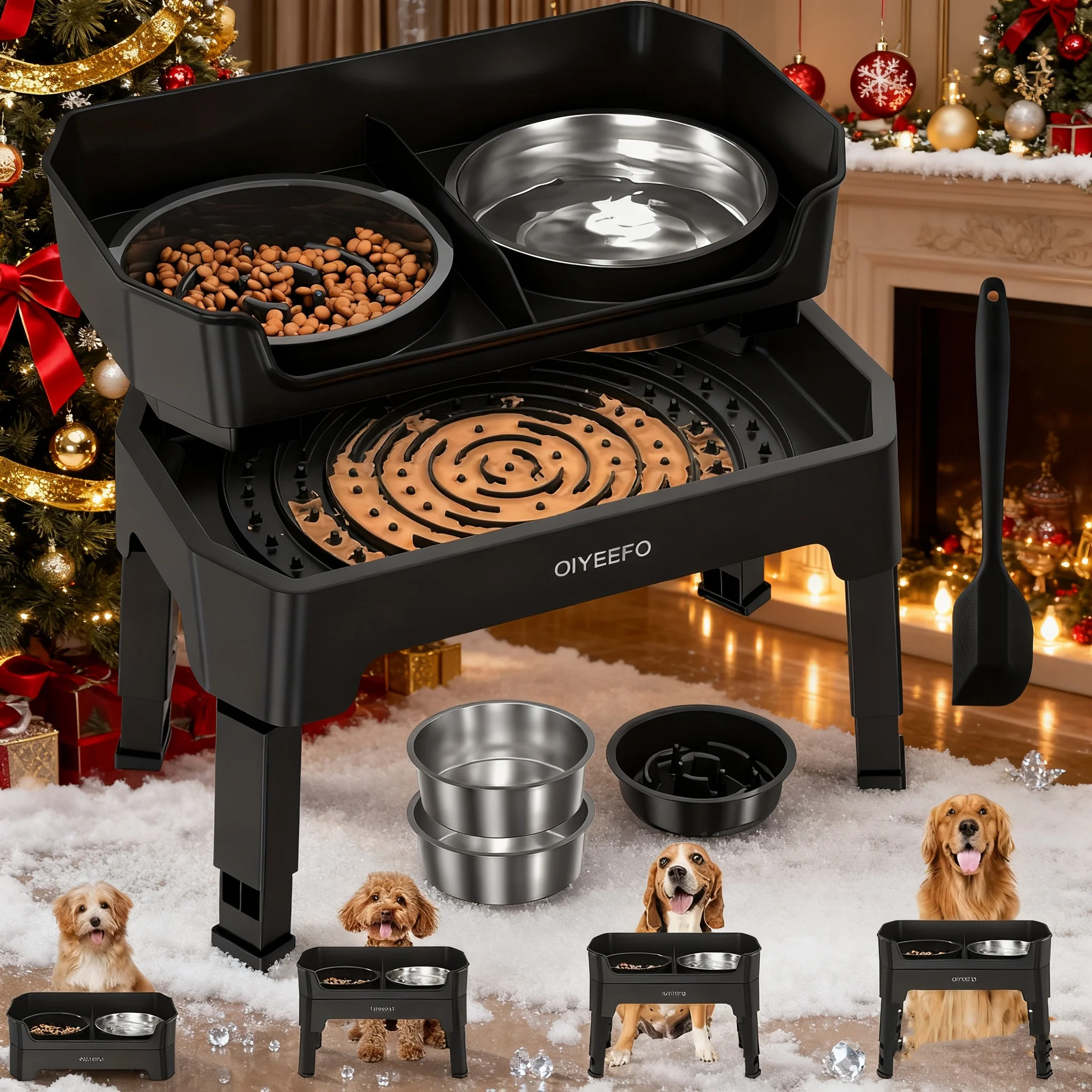 

3/4 In 1 Large Elevated Dog Bowls: 4 Adjustable Height Raised Dog Bowl Stand With Mess Proof Design - Slow Feeder Licking Plate With 2*53oz Food Bowls