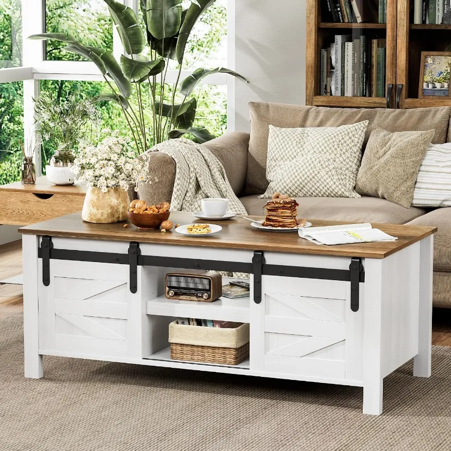 Farmhouse coffee table with storage and sliding barn doors for living room use, made of wood in antique white color, featuring