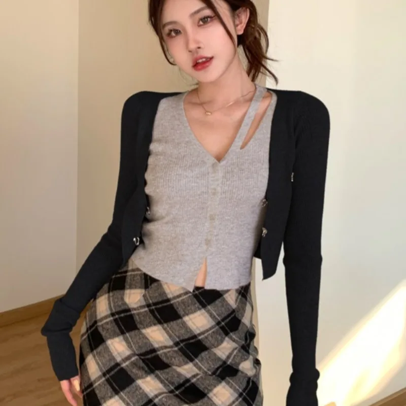 Chic Cardigans for Women Long Sleeve V-neck Niche Fake 2 Pcs All-match Slim High Street Sexy Spring Autumn Hot Girls New Popular