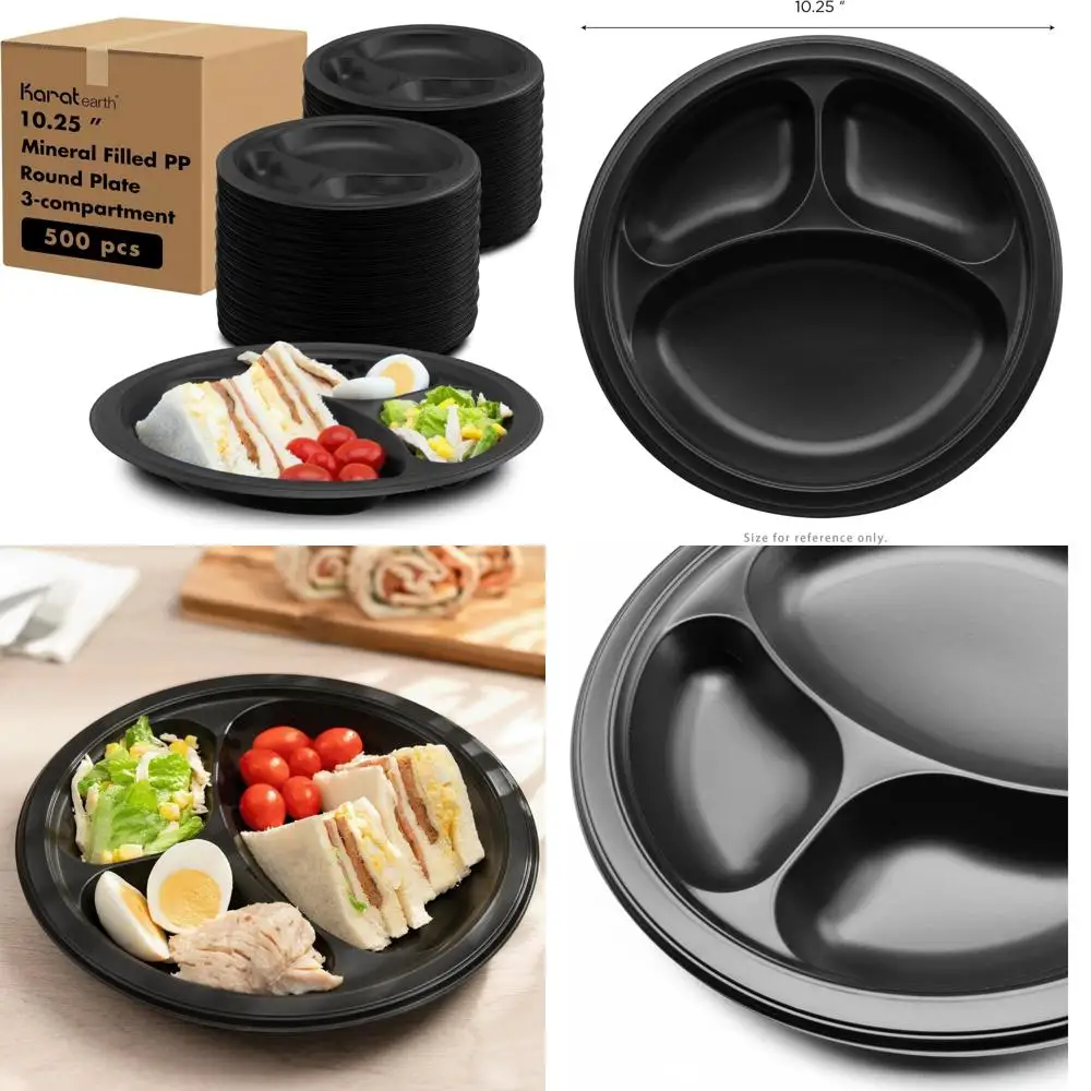 

Eco-Friendly Disposable Plates - 10 to 500 Pcs, 3 Compartments, Heavy Duty Black Round, Mineral Filled PP Plastic, Reusable