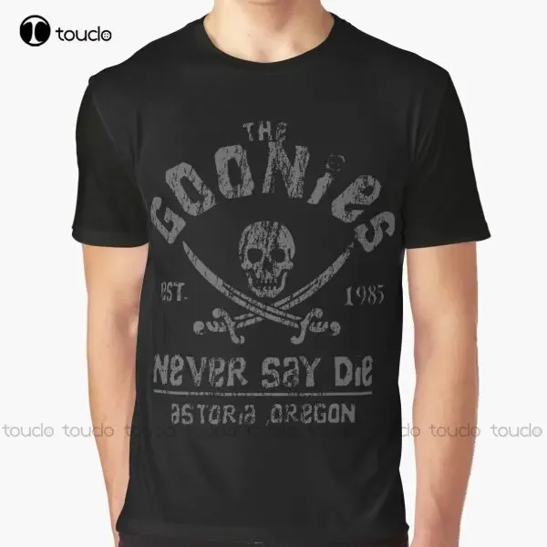 

The Goonies - Never Say Die - Серая на черной графической футболке с рисунком для взрослых и подростков, унисекс, футболки с цифровой печатью, подарок на заказ