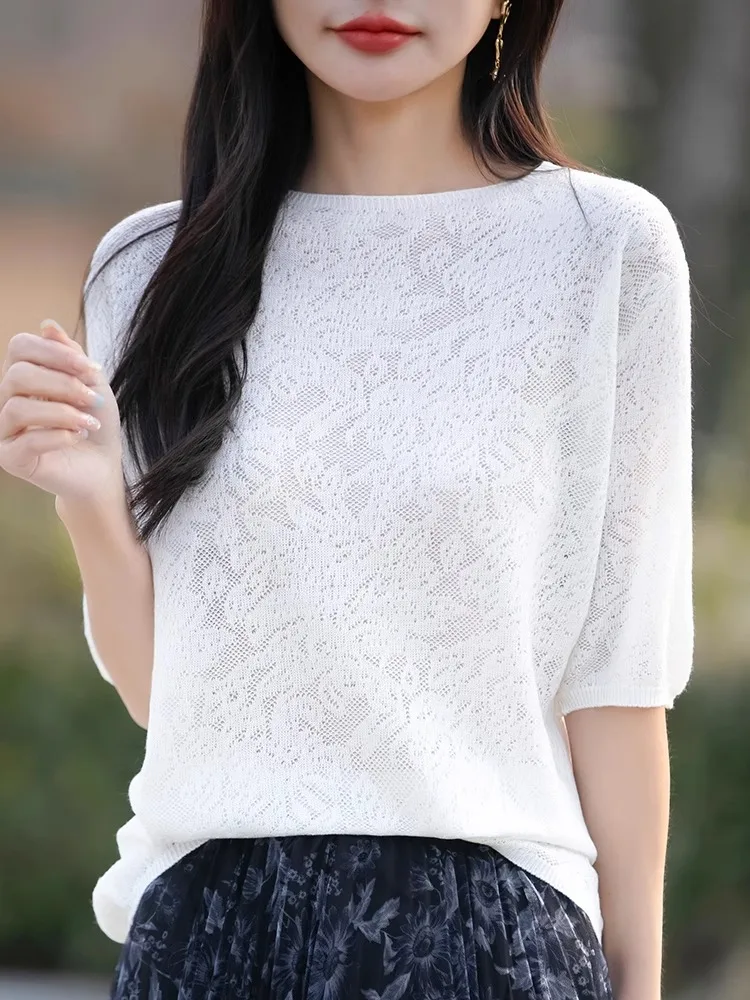 

Spring Summer 2025 New Sle Women's Knitted Lace Hollow out round Ne Loose Sve Top mid Sve Loose Fit Casual irt