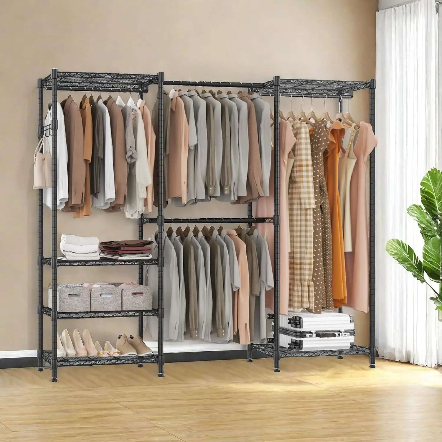 Adjustable Heavy Duty Wardrobe Closet Organizer - Expandable Metal Clothing Rack with 4 Hanging Rods, 6 Shelves