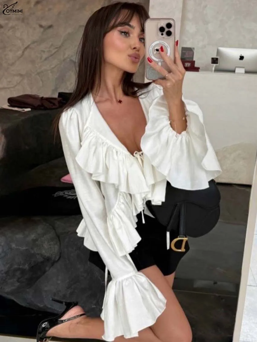 Oymimi Blus Ramping Putih Modis untuk Wanita Blus Kerut Lengan Panjang Leher-v Elegan Atasan Crop Berlipat Bertali Musim Panas Pakaian Jalanan