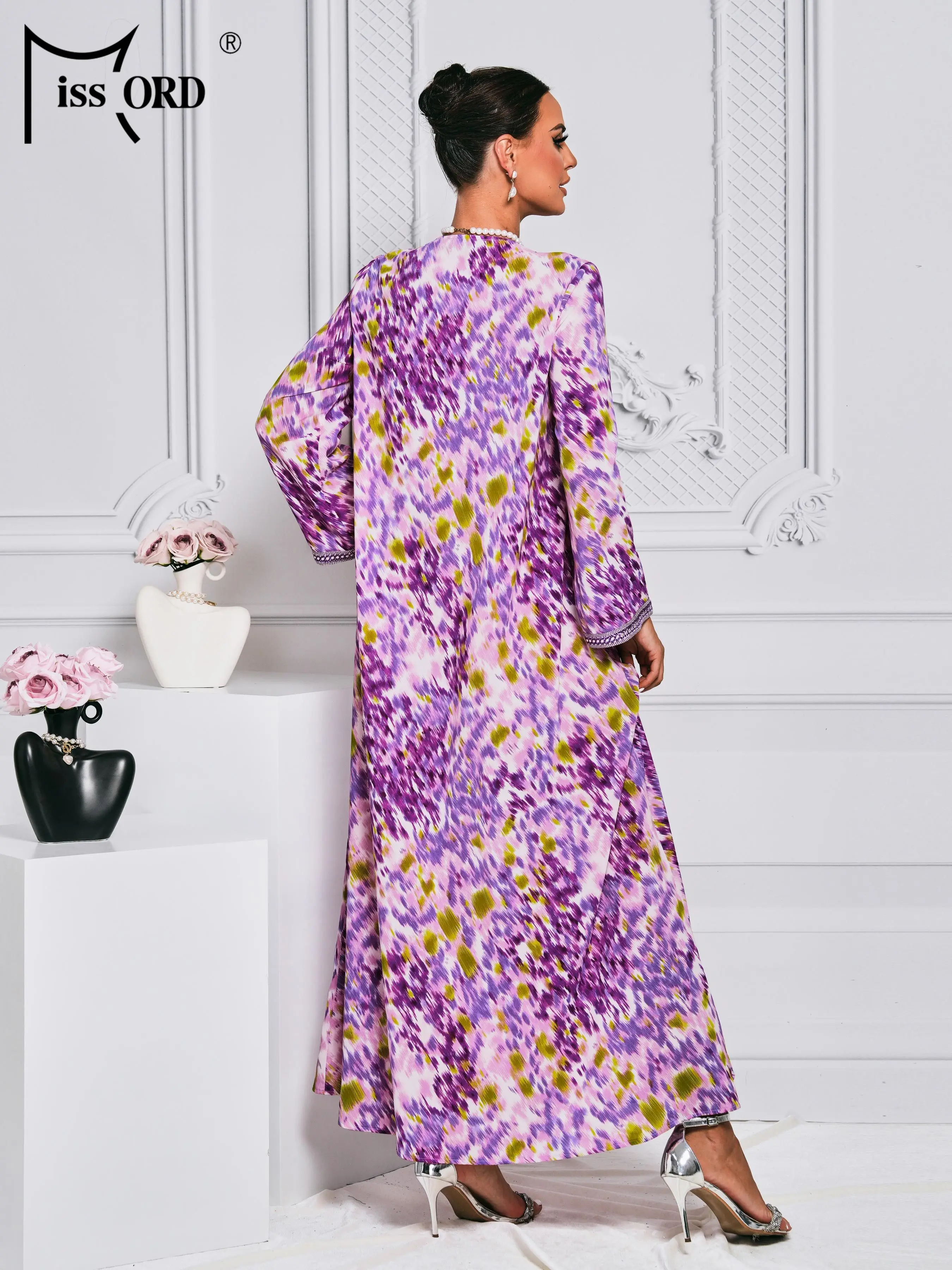 Missord Purple Print Muslim Dress Elegant Long Sleeve Dubai Abaya Luxury Women V Neck Loose Casual Eid Party Dresses