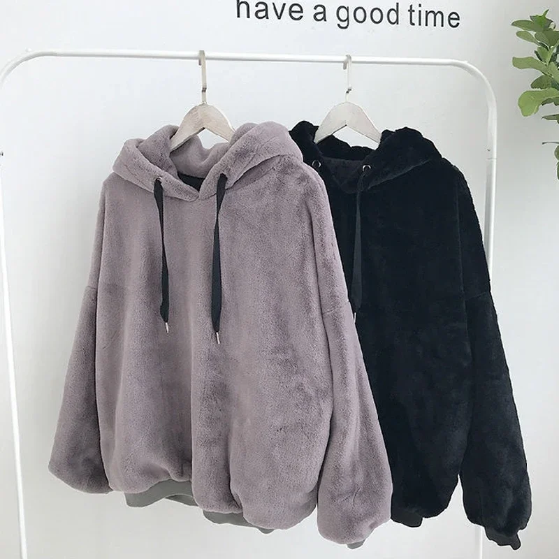 Winter Fluffy Hoodies Casual Fleece Warm Oversized Sweatshirt Women Faux Fur Christmas Pullovers Winter Coat Lazy Warm Jackets