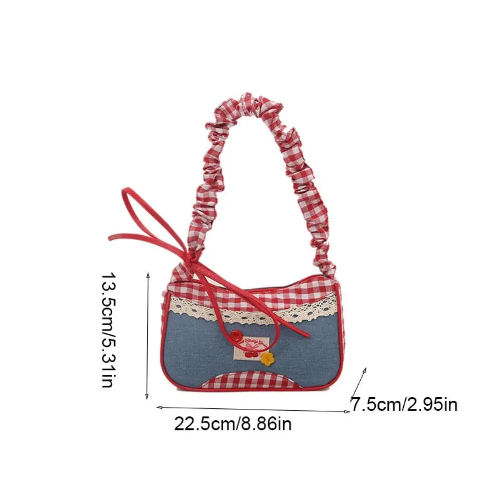 Sac à bandoulière en treillis de Style Rural doux, sac de loisirs en Denim à carreaux sous les bras avec nœud et cordon de serrage pour fille