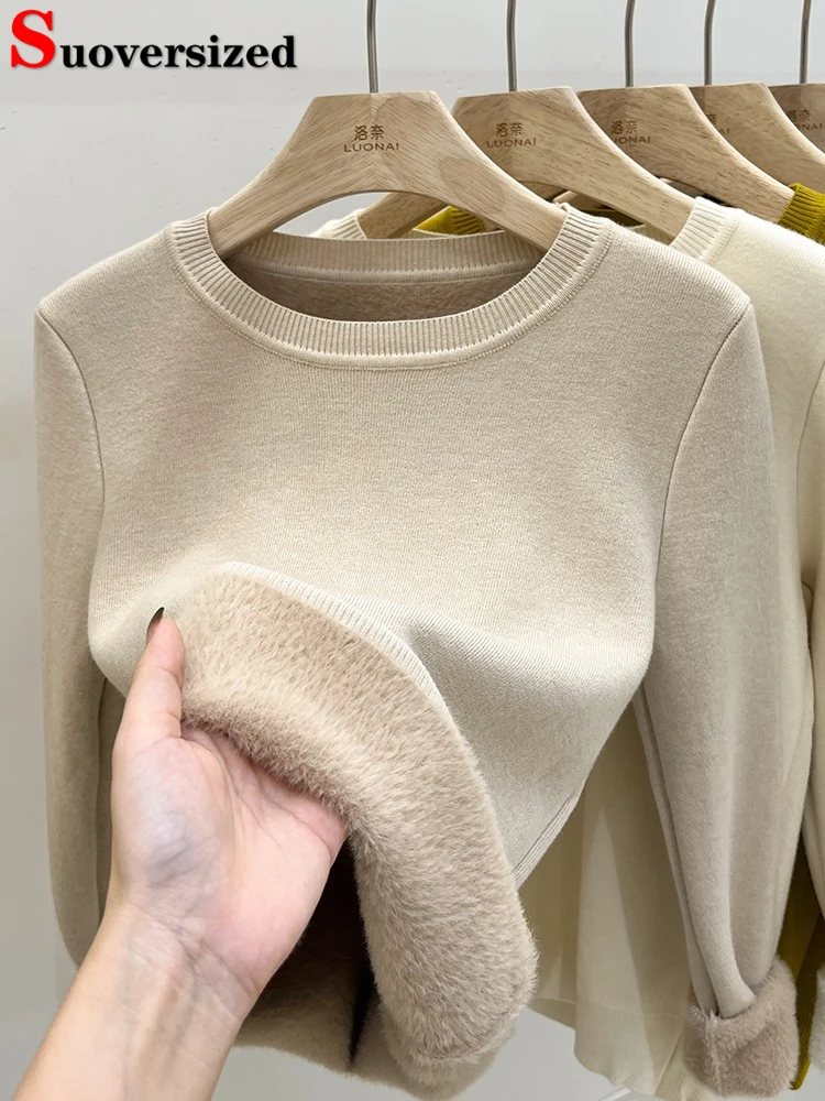 

Imitation Mink Lined Knit Pullover Winter O-neck Sweater Women Casual Thicken Warm Soft Slim Knitwear Jumper Long Sleeve Tops