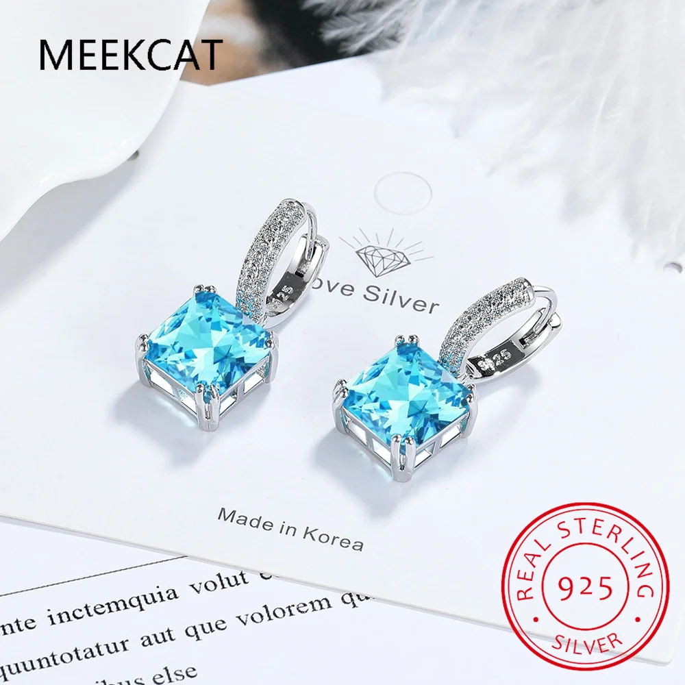 Square Natural Sky Blue Topaz Hoop Earrings 925 Sterling Silver for Women Daily Wedding Party Jewelry