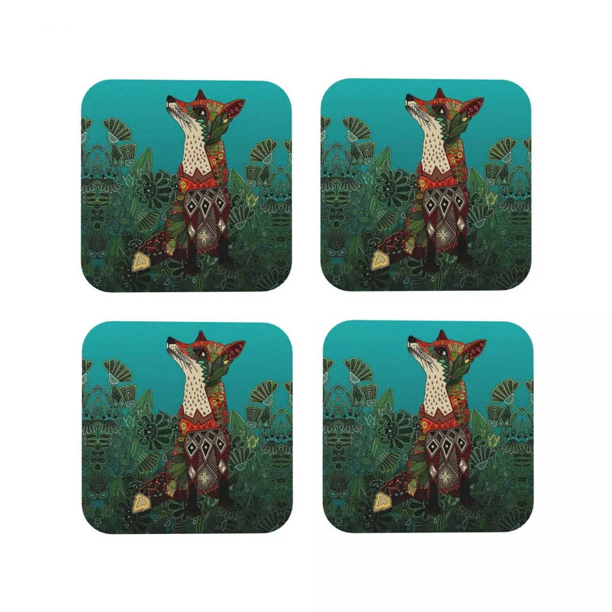 Floral Fox Coasters Kitchen Placemats Non-slip Insulation Cup Coffee Mats For Decor Home Tableware Pads Set of 4