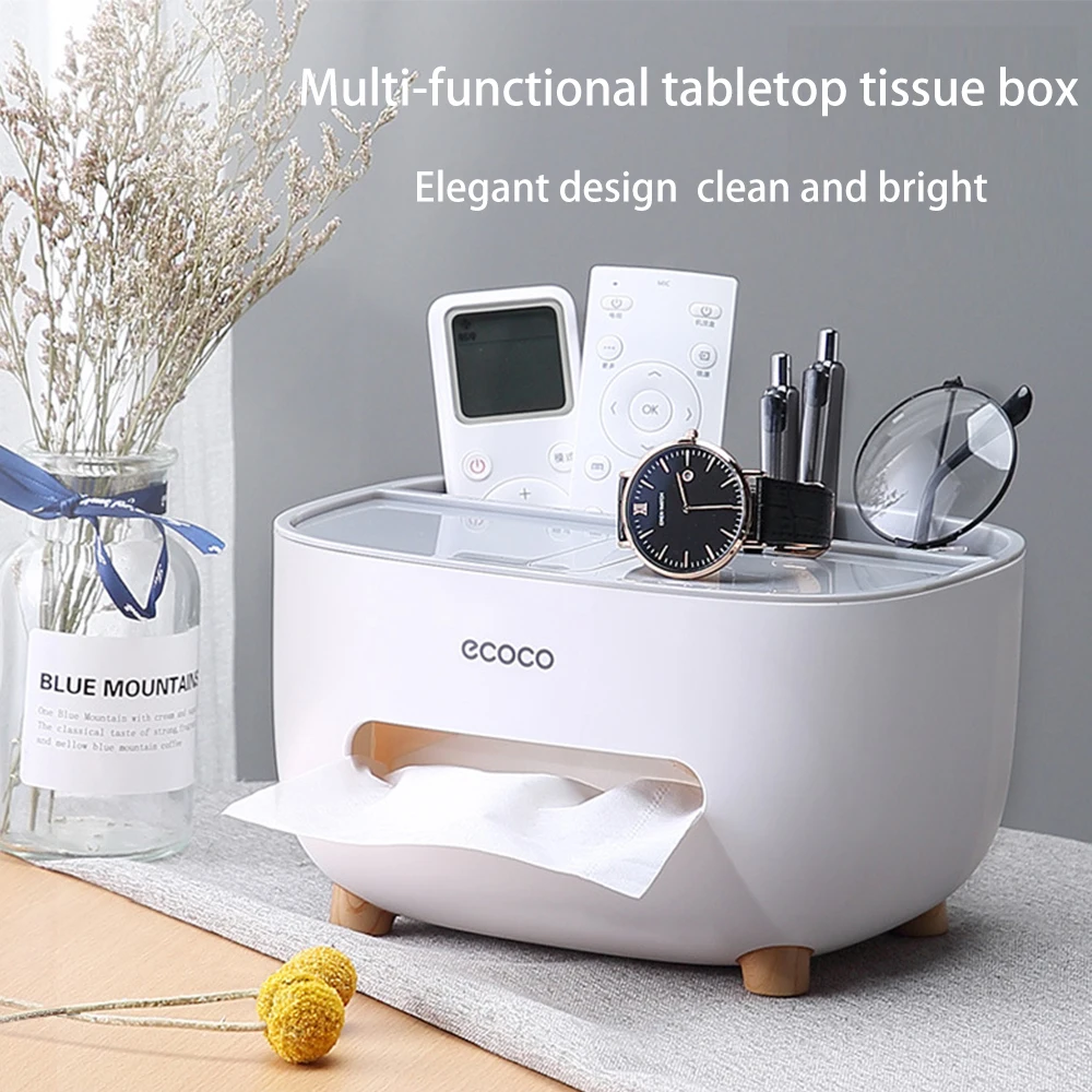 Multifunctional Desktop Tissue Box Holder with Hidden Phone Stand,Multi‑Compartment Remote Control Storage Organizer