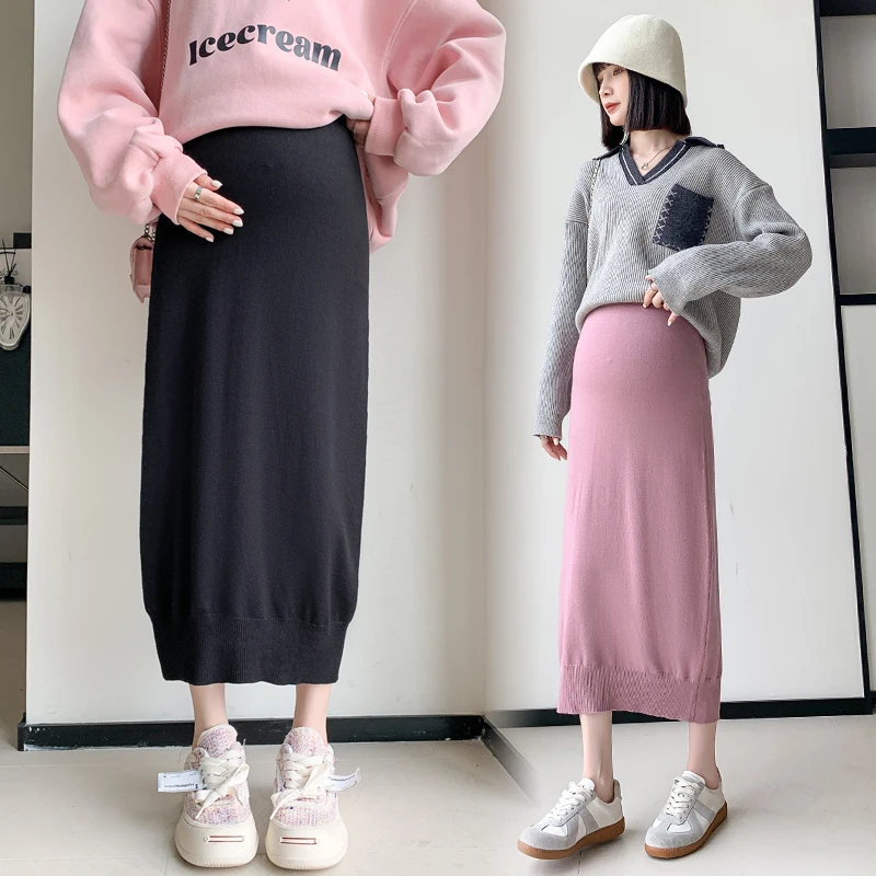 

Pregnant Women's Autumn Winter Fashion Knitted Half Skirt Cocoon Shaped Loose Slim Long Floral Bud Skirt During Pregnancy Youth