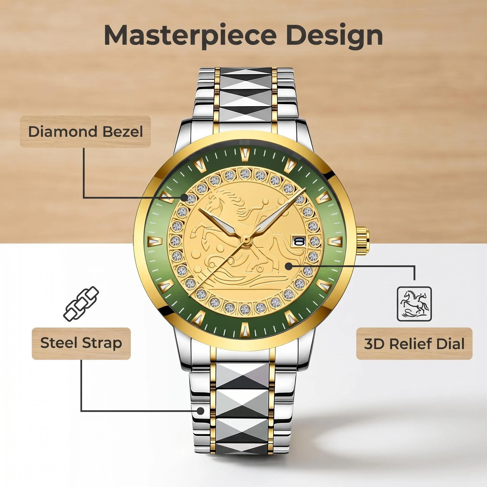 A Men’s Casual Quartz Watch Featuring a Horse Motif on the Dial and Green Accents—the Perfect Choice for a Gift.