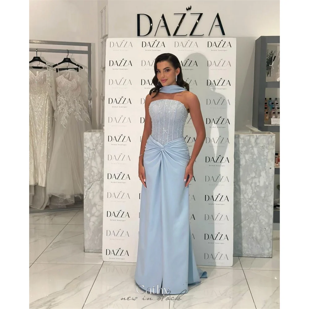 

Cathy Customized Blue Halter Neck Beaded Prom Dresses Ruffled Sleeveless vestidos de noiva Corset Mermaid Split Formal Evening