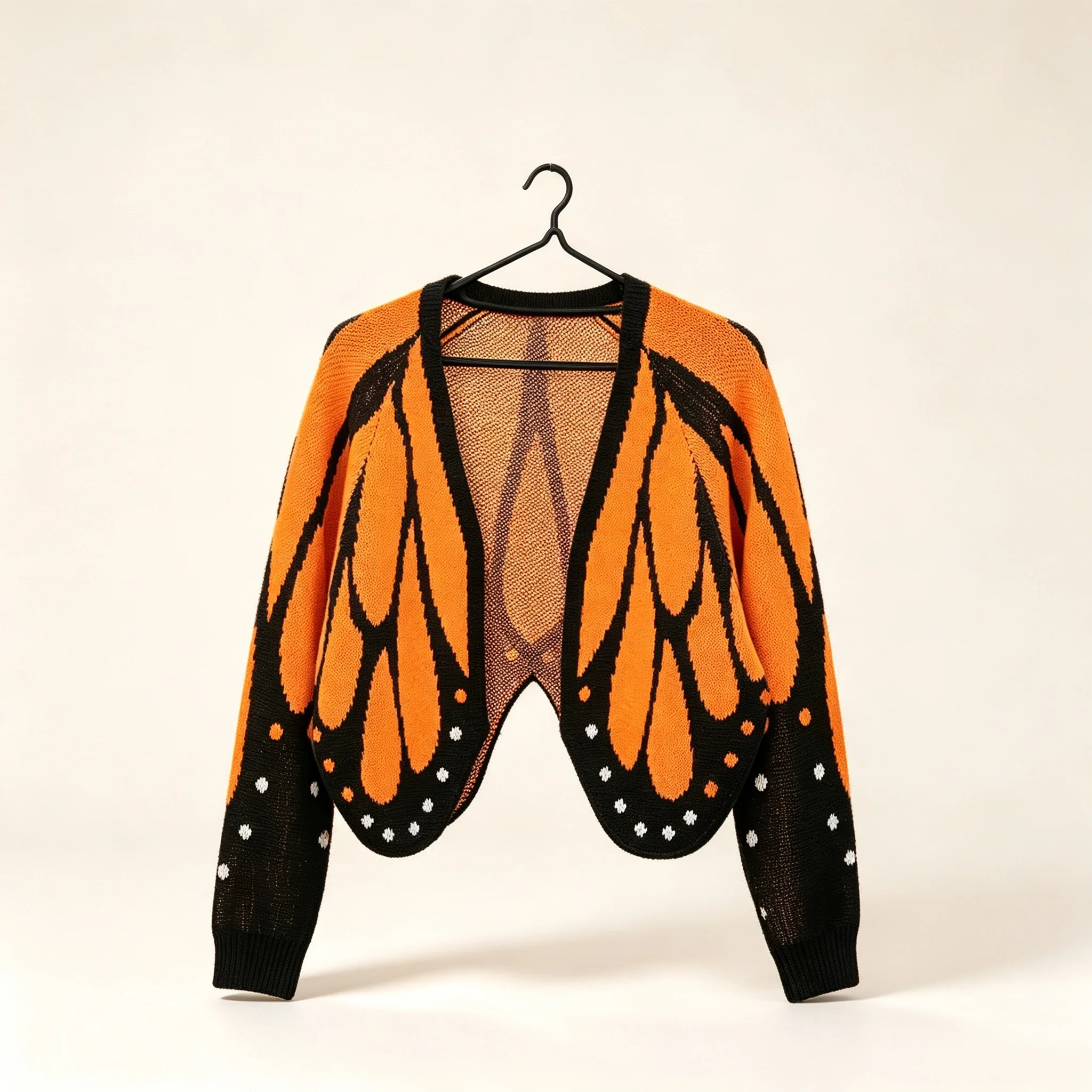 Cropped Butterfly Wing Knit Cardigan Women Monarch Butterfly Pattern Long Sleeve Open Front Short Knitted Sweater Jacket Y2K Aes