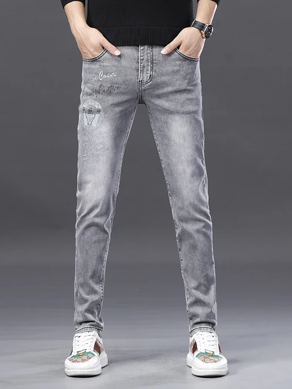 

Men's Slim Fit Jeans Printed Denim Pants Fashionable Casual Nine-Piece Long Trousers Elastic Mid-Waist Cotton Stretch Fabric
