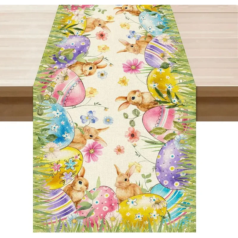 VIKAMA Oster-Tischläufer, Aquarell-Häschen-Eier Verziertes Leinen-Tischtuch, Frühlings-Küchen-Esstisch-Dekoration