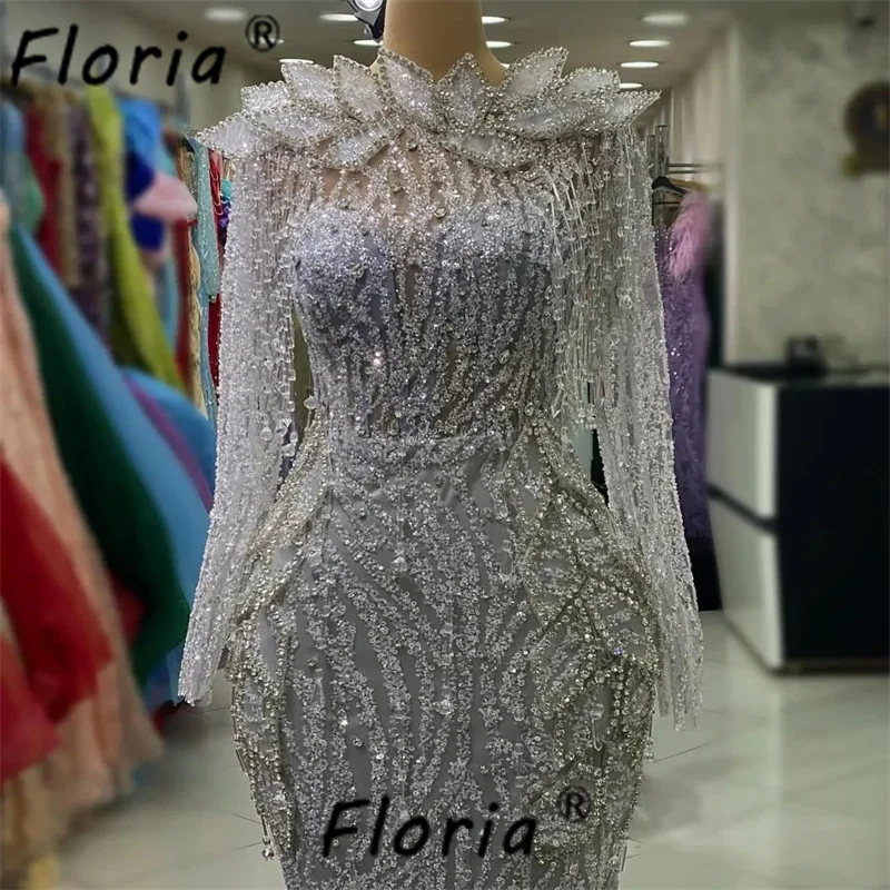 Vestido de fiesta de sirena con apliques de cristal plateado para mujer, vestido de noche de manga larga, elegante, Dubai, baile de graduación, árabe, Formal, 2024