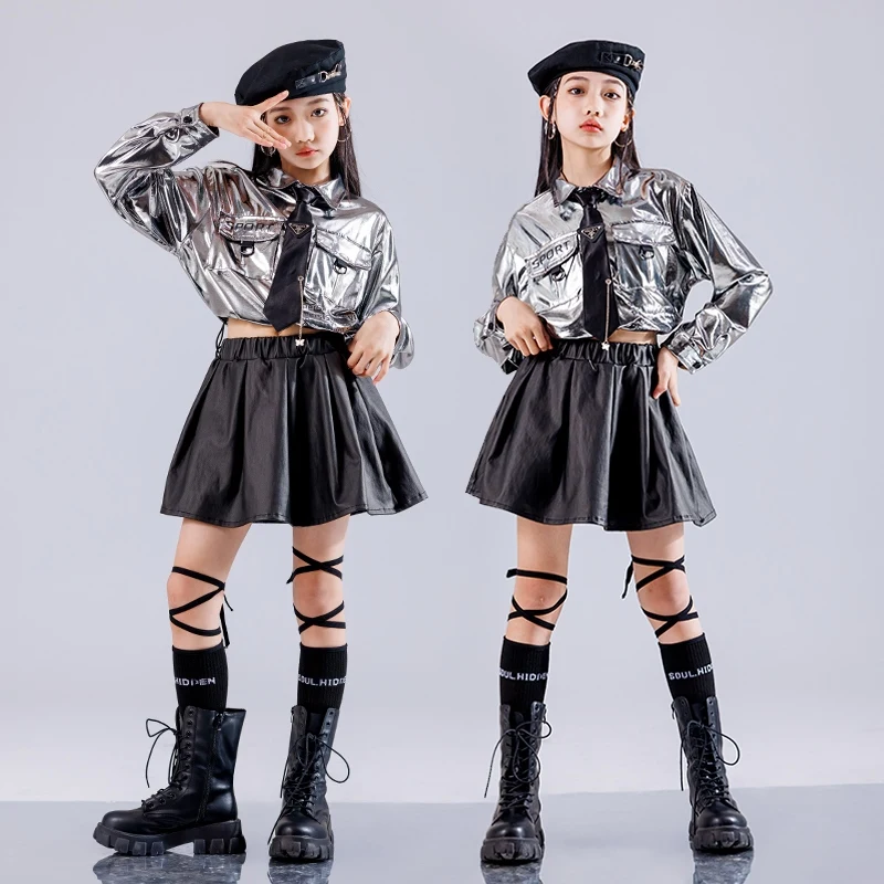 Trajes de escenario Kpop para niña, pantalones Shuffle negros, camisas plateadas para niños, trajes de baile de Hip Hop, Falda plisada, ropa de baile de Jazz 1242