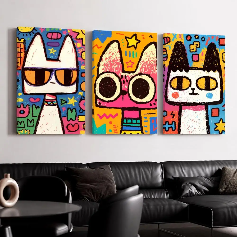 Funny Graffiti Cat Framed Wall Painting Ready to Hang Canvas Wall Art Poster for Bedroom Living Room Home Decor Gift