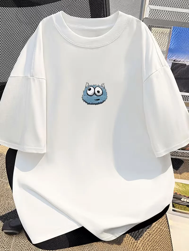Cute Blue Monster Print Short Sleeve T-Shirt, Simple Style Crew Neck Tee,Daily Wear Top for Men Women, Summer Streetwear Gift