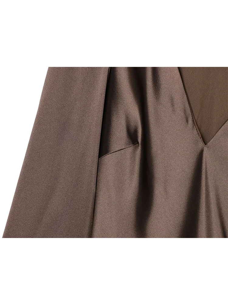 Novo vestido de festa feminino com gola cachecol sólido decote em v alargamento manga longa mini vestido verão cetim elegante chique vestido de moda feminina