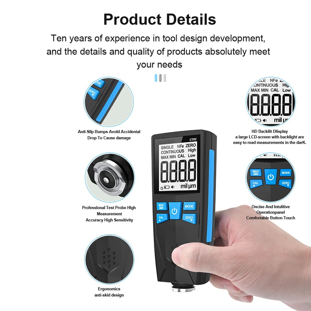 CT02 Film Thickness Measuring Device for Automotive Paint Assurance with LCD Readout Continuous Mode and MAX MIN Value Tracking