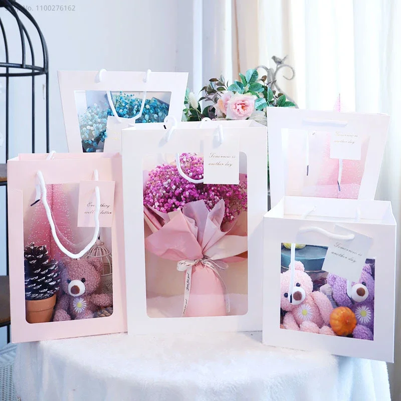 

10pcs Clear Window Gift Bag For Mothers Day Handbag for Gift Toy Flower Packing Bags Lover Gift Wedding Bouquet Present Pouch