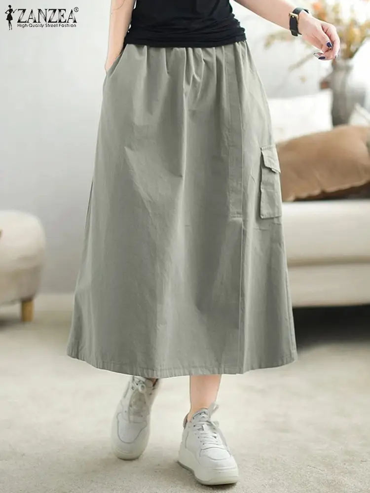 ZANZEA Women Cargo Midi Skirts 2024 Vintage Big Pockets Faldas Casual Loose Solid Jupes Spring Elastic Waist Skirts Streetwear