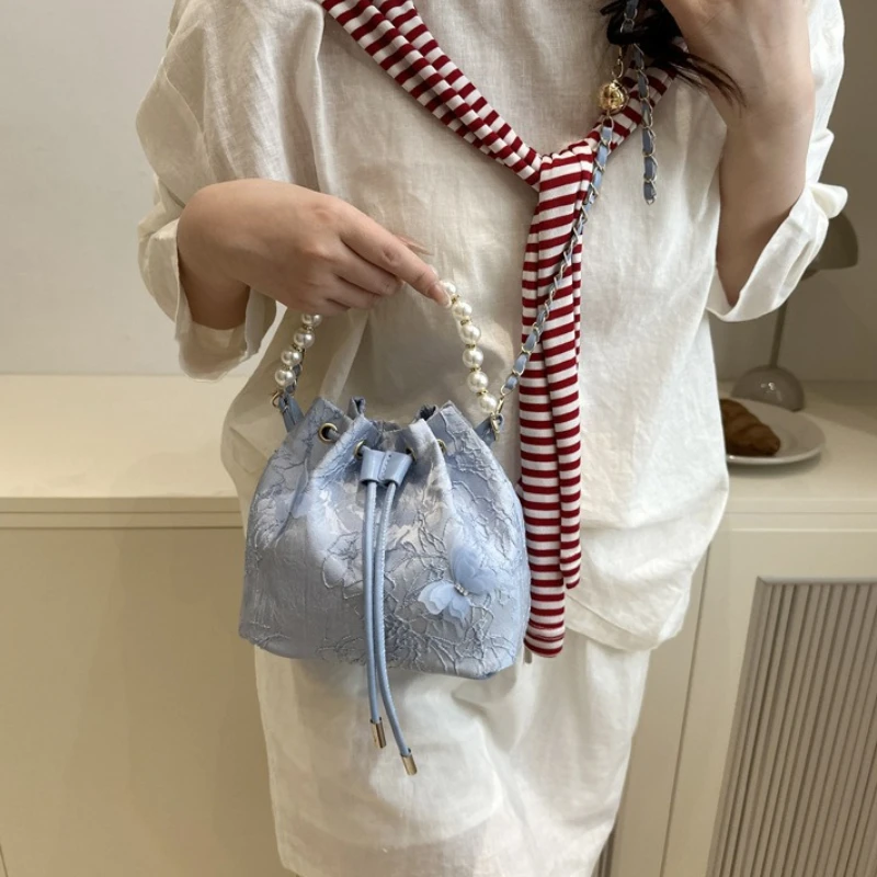Elegant Lace Drawstring Handbag, Pearl Beaded Short Handle, Gold Trimmed Chain Crossbody Bag, Mini Shoulder Purse for Wedding