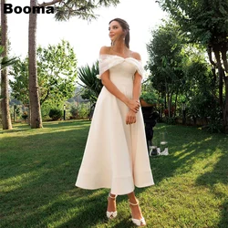 Booma Simple Elegant A-Line Wedding Dresses Off Shoulder Flowers Brides Dress for Women Tea-Length Bridals Evening Gowns