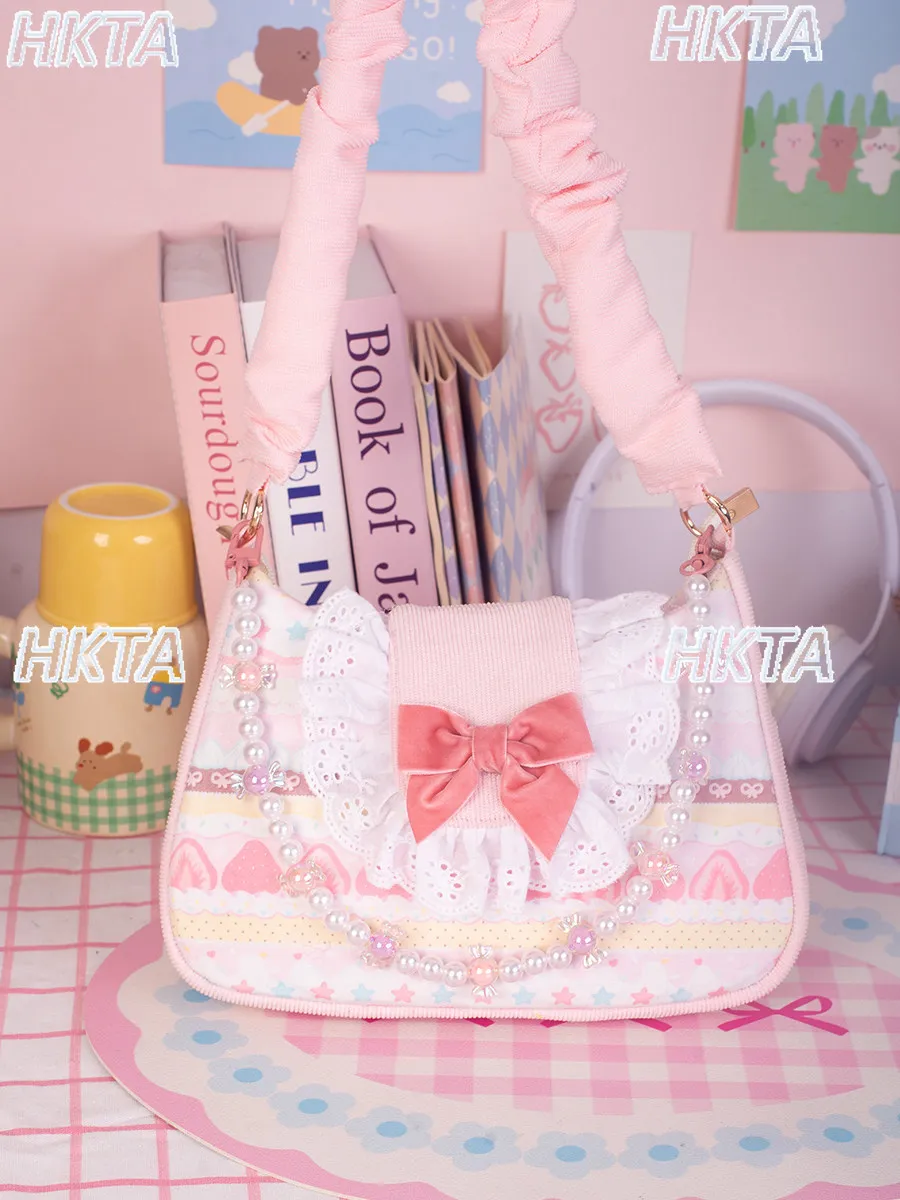 Japanese Sweet Strawberry Lolita Tote Bags Summer Zipper Square Lace Pearl Bow Student Versatile Messenger Bag Backpacks Women