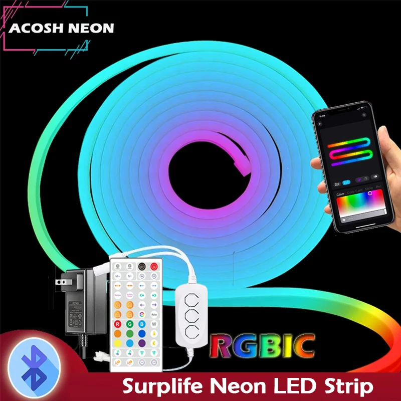 32.8ft RGBIC Neon Rope Lights with 44 Keys Remote Surplife Silicone Color Changing Strip Lights with Remote for Party Gaming